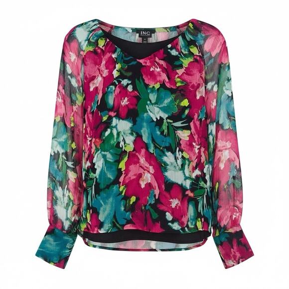 INC Womens PXL Floral Chiffon Blouse Pink Teal Sheer Long Sleeve Lined Hi-Low - Picture 1 of 13